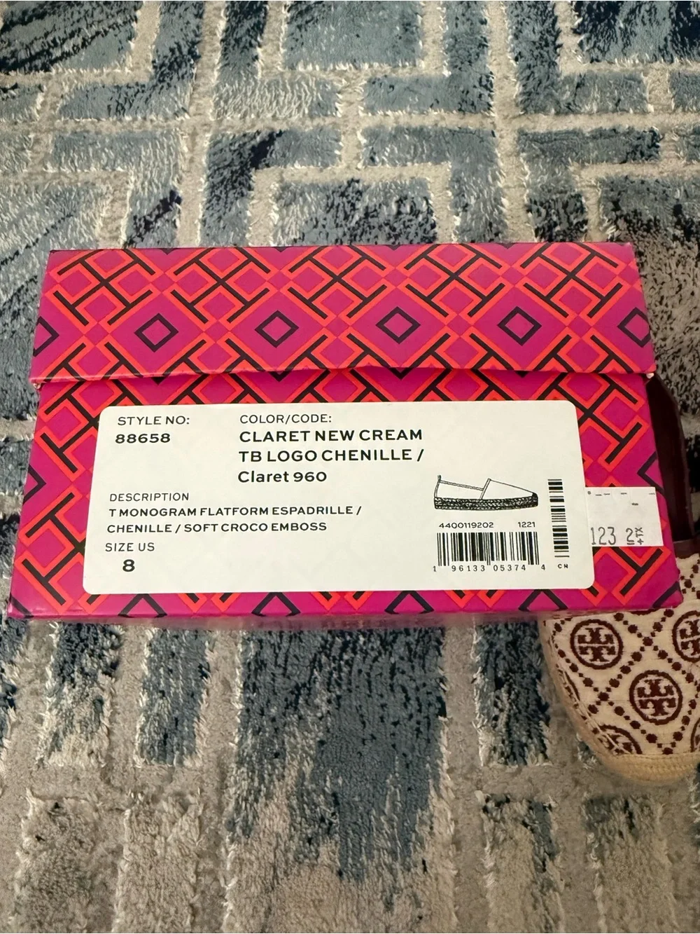 Tory Burch Cream Canvas Espadrilles with Burgundy Logo Pattern